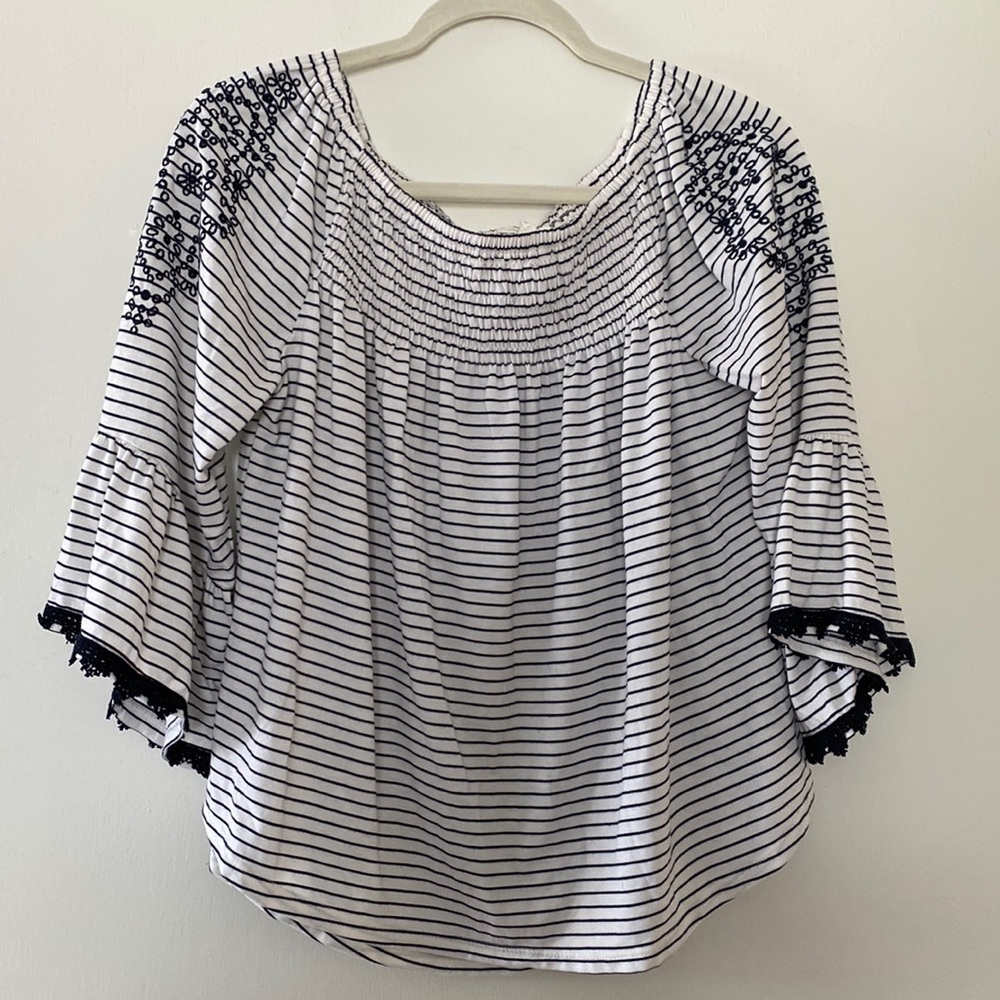 Maurices off the Shoulder blue and white top with crochet detail on shoulders
